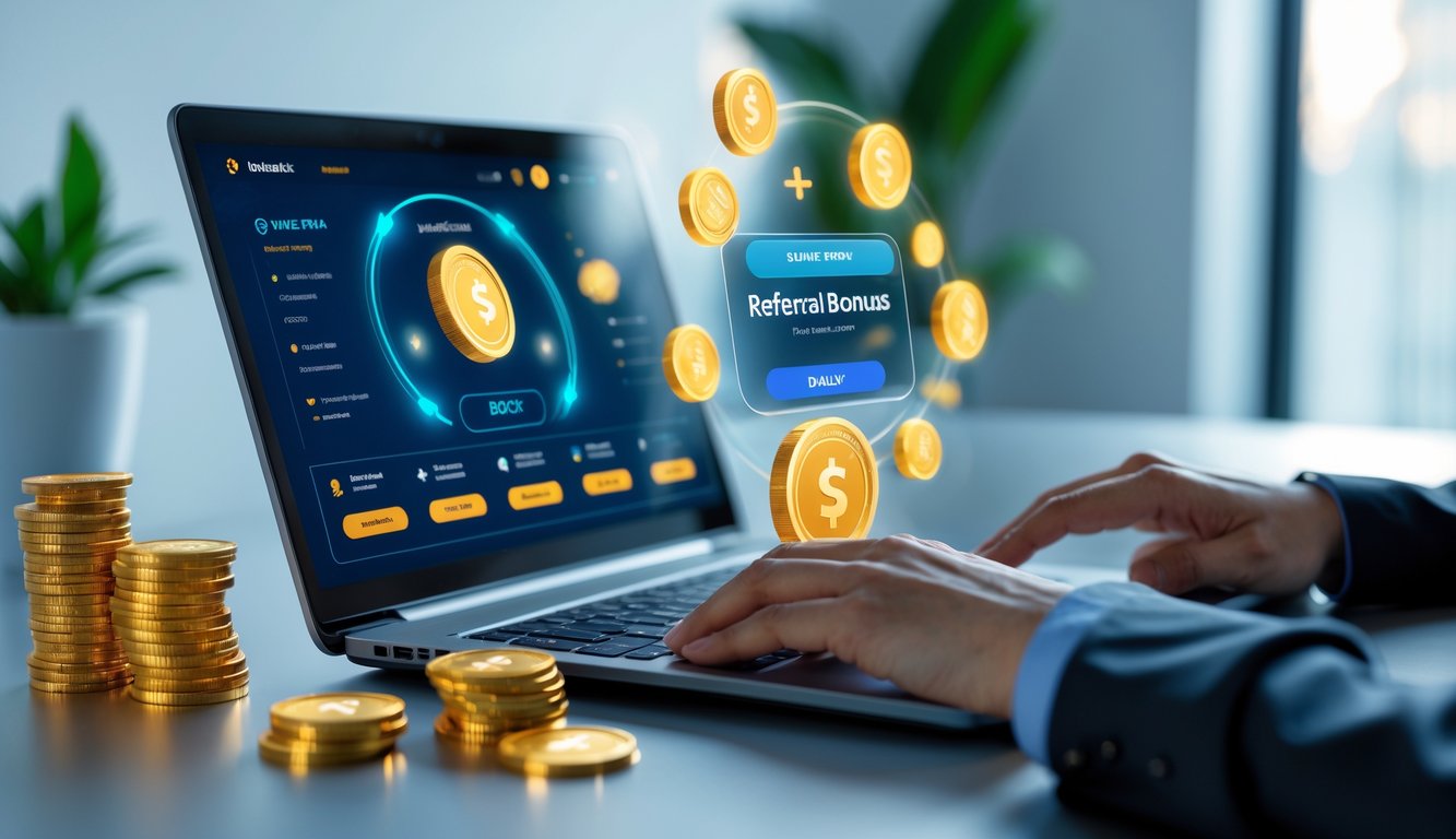 Seseorang menggunakan laptop yang menampilkan permainan poker online dengan ikon bonus dan koin digital di sekitar layar.