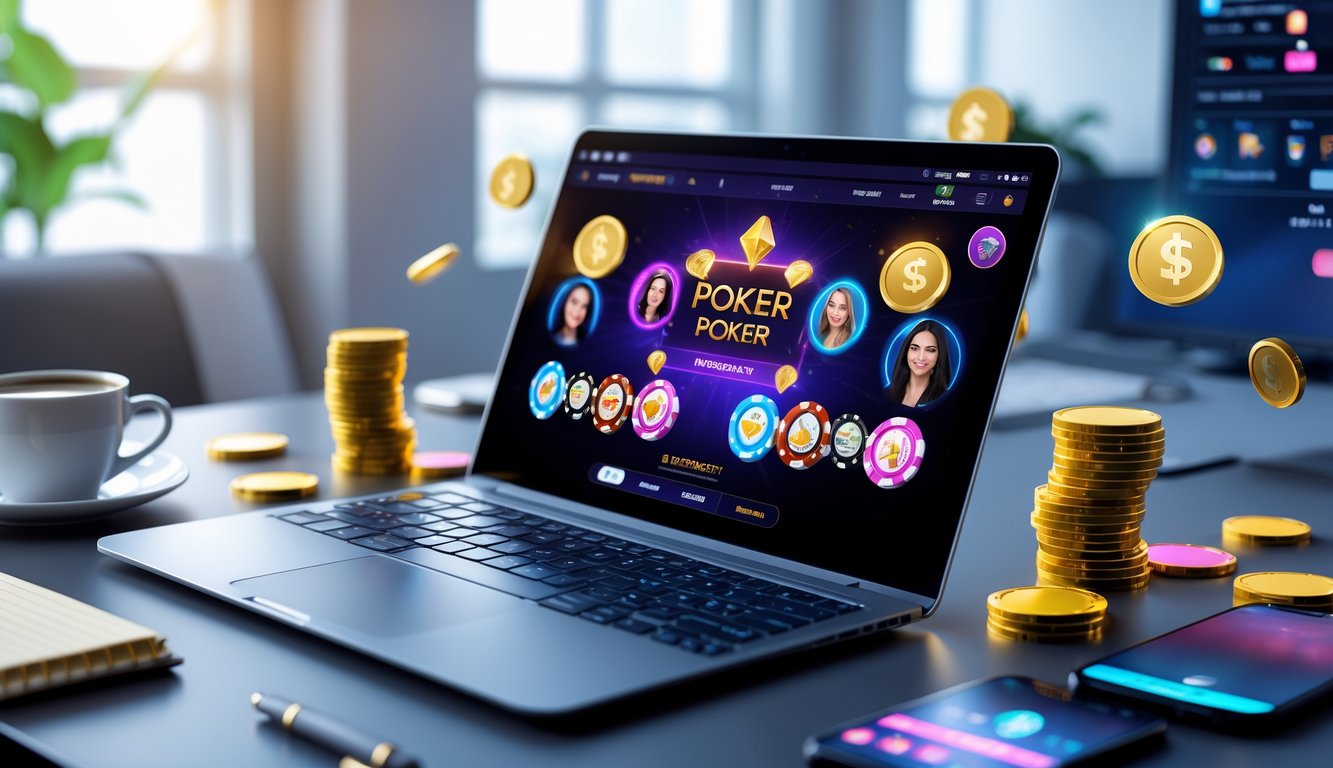 Seorang pemain poker online menggunakan laptop di meja kerja dengan chip poker dan koin di sekitarnya, menunjukkan suasana permainan dan bonus online.