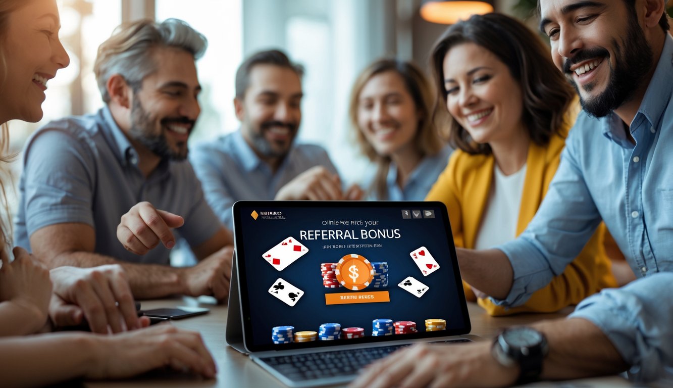Beberapa orang sedang bermain poker online dengan perangkat digital, terlihat senang dan antusias di lingkungan rumah atau kantor.