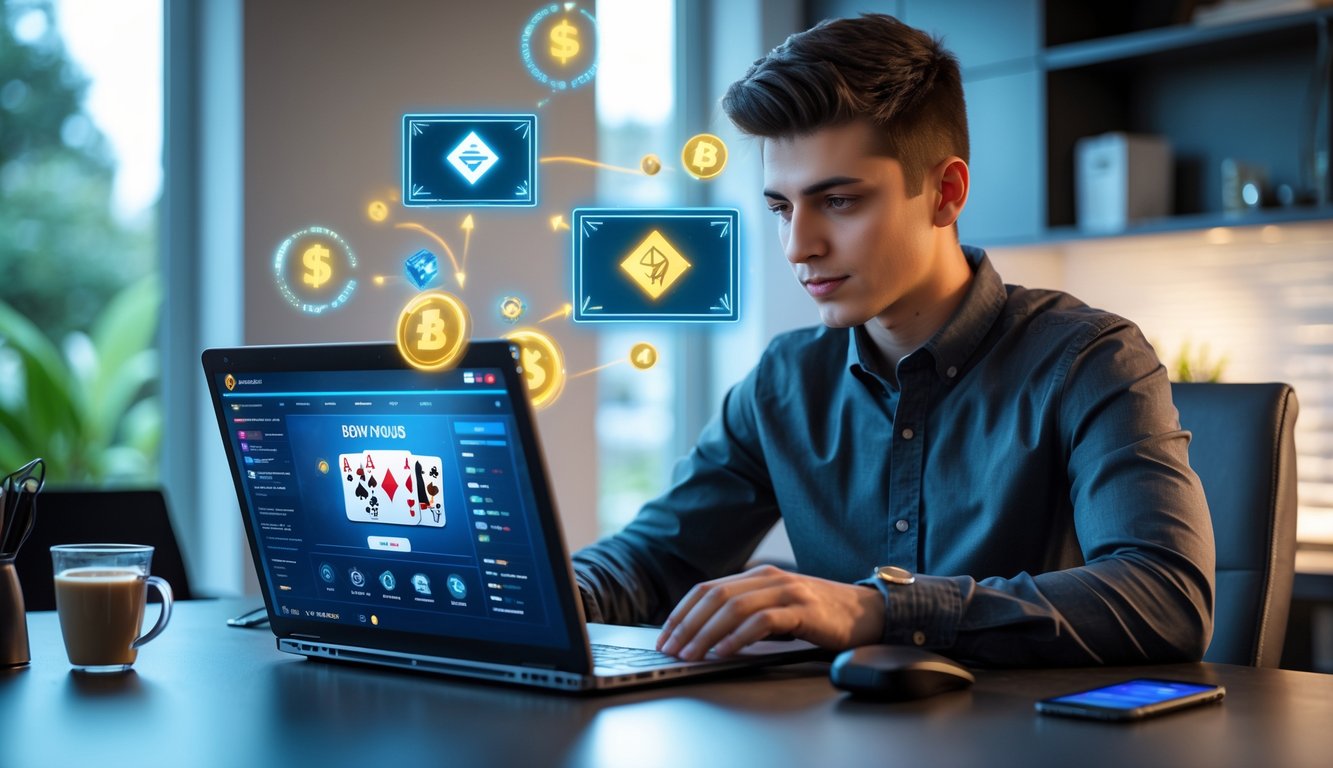 Seorang pria muda duduk di depan laptop di ruang kerja rumah, fokus bermain poker online dengan ikon digital bonus mengambang di sekitar layar.