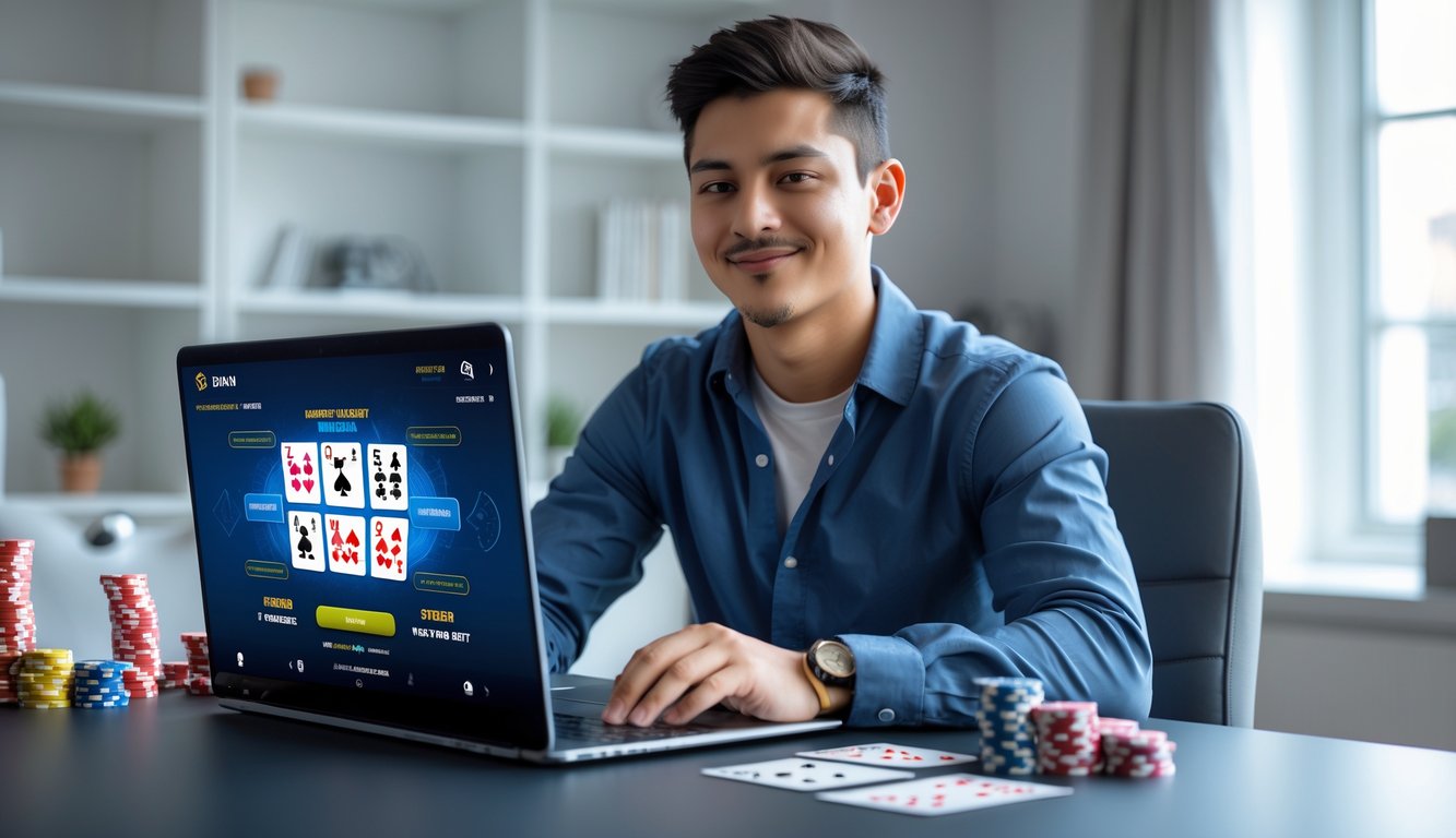Seorang pria muda duduk di meja dengan laptop yang menampilkan permainan poker online, dikelilingi oleh kartu remi dan chip poker, tampak fokus dan tersenyum.