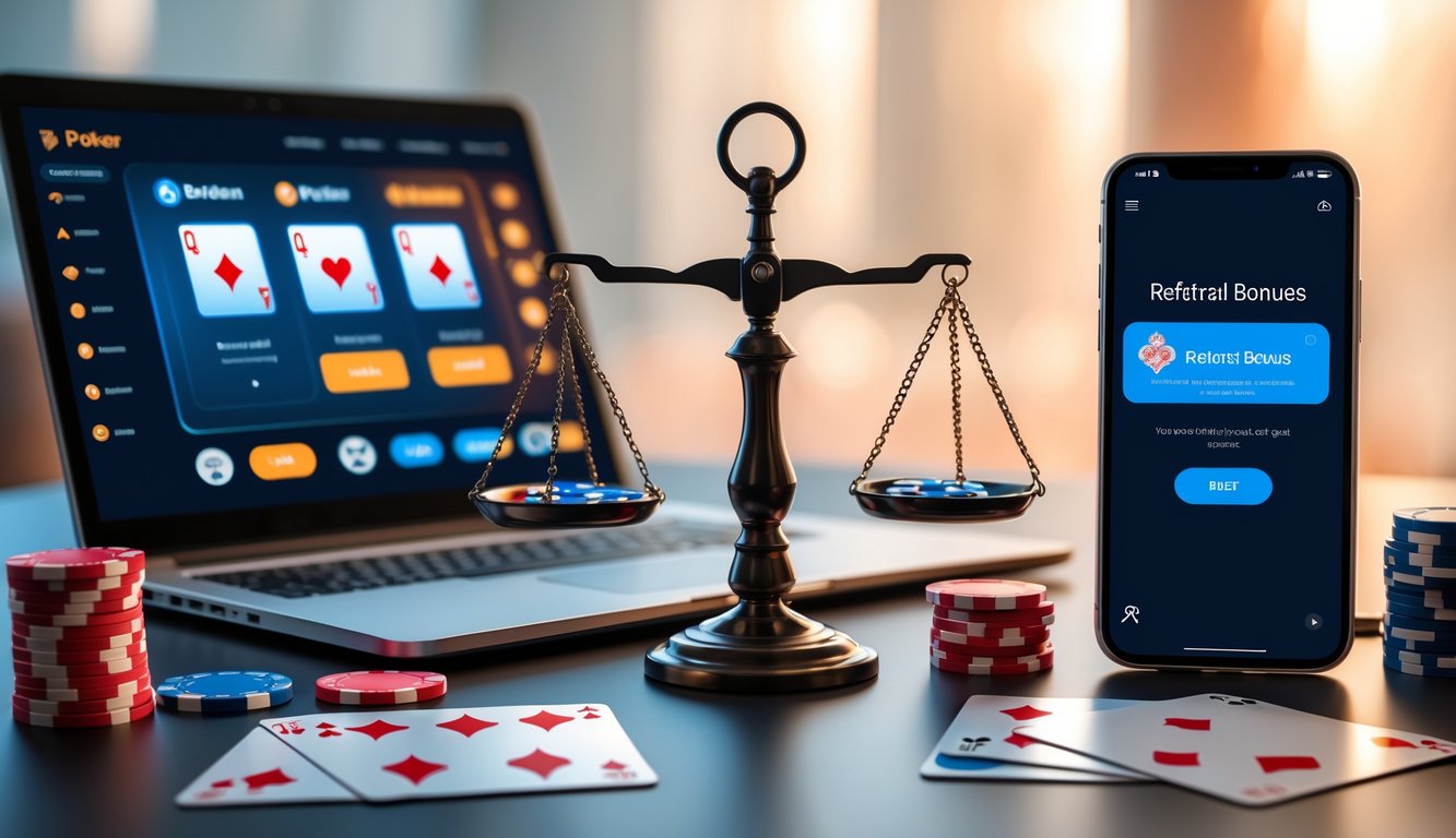 Meja kerja modern dengan laptop menampilkan permainan poker online dan ponsel menunjukkan notifikasi bonus, di tengah terdapat timbangan yang melambangkan perbandingan dua jenis bonus.
