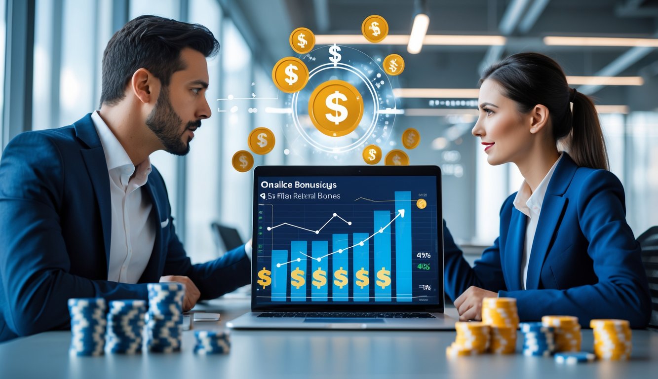 Dua profesional bisnis berdiskusi di kantor dengan laptop yang menampilkan grafik dan ikon terkait bonus poker online.