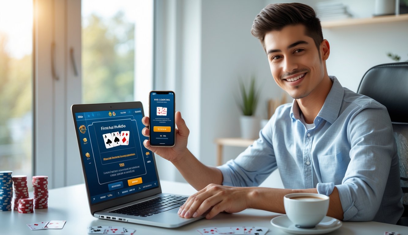 Seorang dewasa muda duduk di meja dengan laptop dan ponsel, tersenyum sambil melihat layar yang menunjukkan permainan poker dan notifikasi bonus.