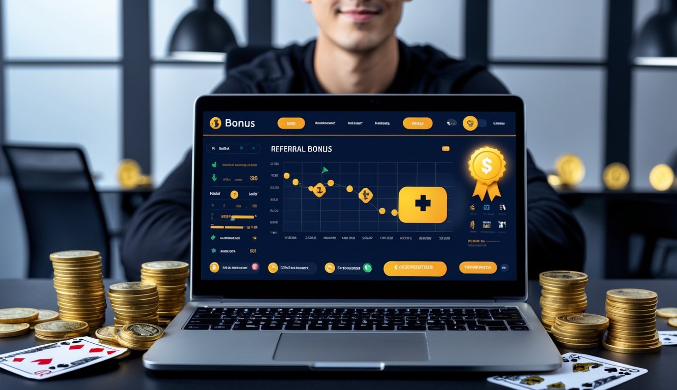 Seorang dewasa muda menggunakan laptop di meja kerja dengan layar menampilkan situs poker online dan simbol bonus, di ruang kantor yang rapi dengan dekorasi kartu dan chip poker.
