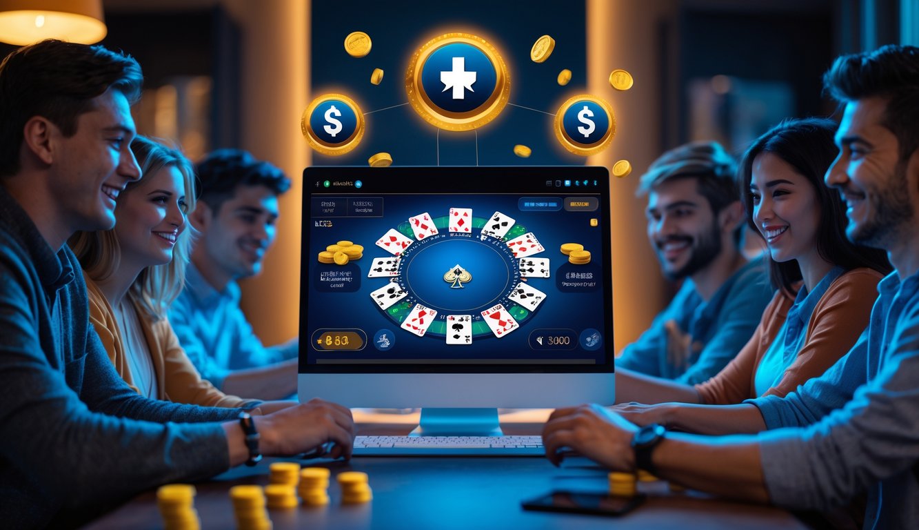Beberapa orang muda sedang bermain poker online di depan laptop dengan suasana ruangan yang hangat dan pencahayaan lembut, menampilkan suasana permainan dan hadiah bonus.