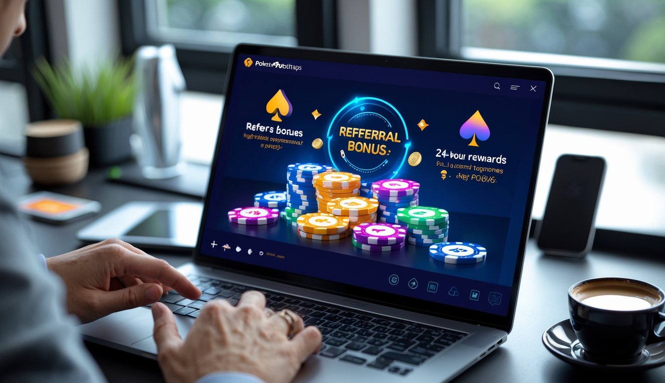 Seseorang menggunakan laptop dengan tampilan permainan poker online dan simbol bonus di sekitarnya.