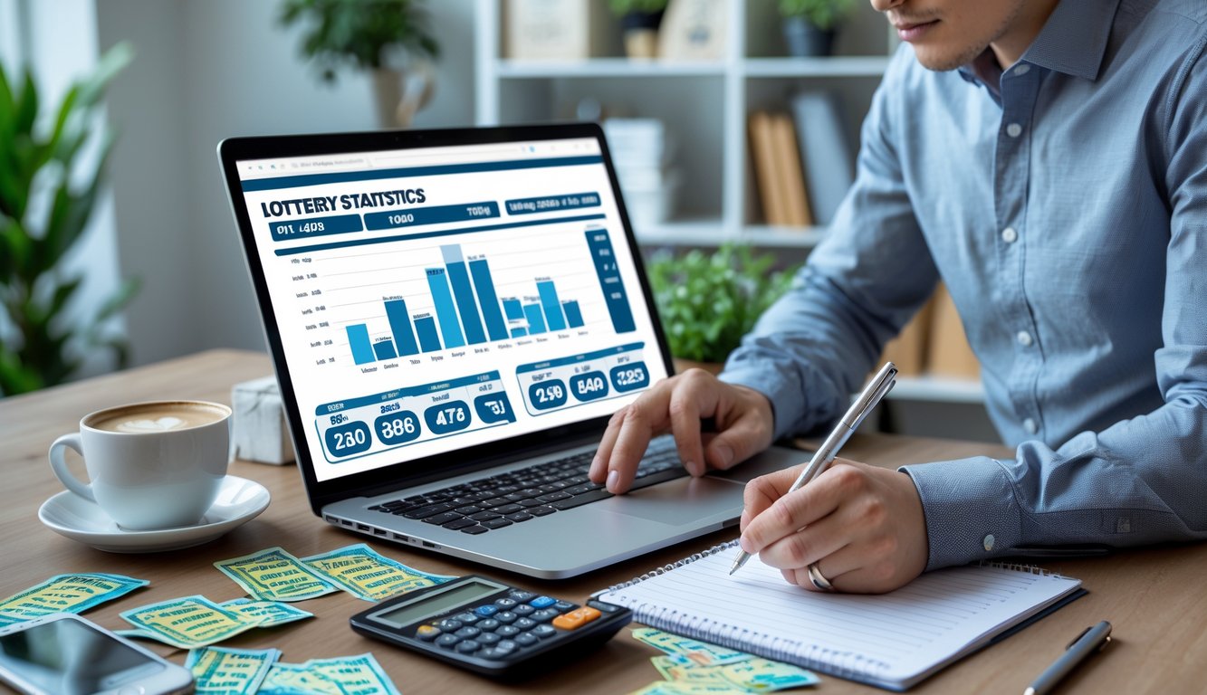 Seseorang sedang menganalisis statistik lotere dengan laptop, kalkulator, dan catatan di meja kerja yang rapi.