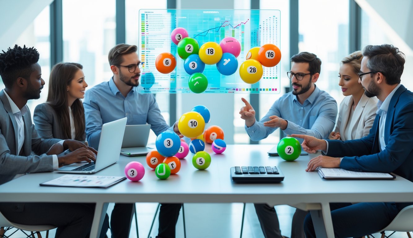 Sekelompok orang sedang menganalisis bola lotere berwarna dengan grafik dan data statistik di layar digital di sebuah kantor modern.
