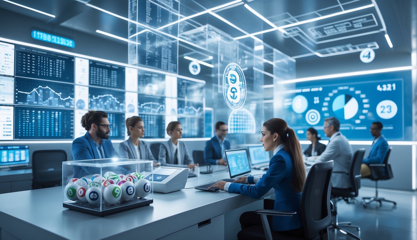 Ruangan kontrol lotere futuristik dengan layar digital transparan, bola lotere dalam mesin kaca, dan beberapa profesional yang sedang menganalisis data dan hasil lotere.