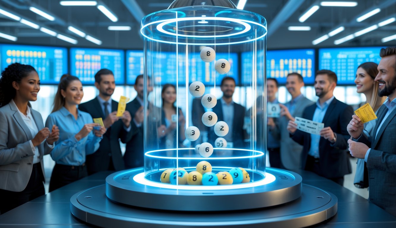 Orang-orang mengamati mesin lotere modern yang sedang mengocok bola bernomor di dalam ruangan kantor dengan layar digital di latar belakang.
