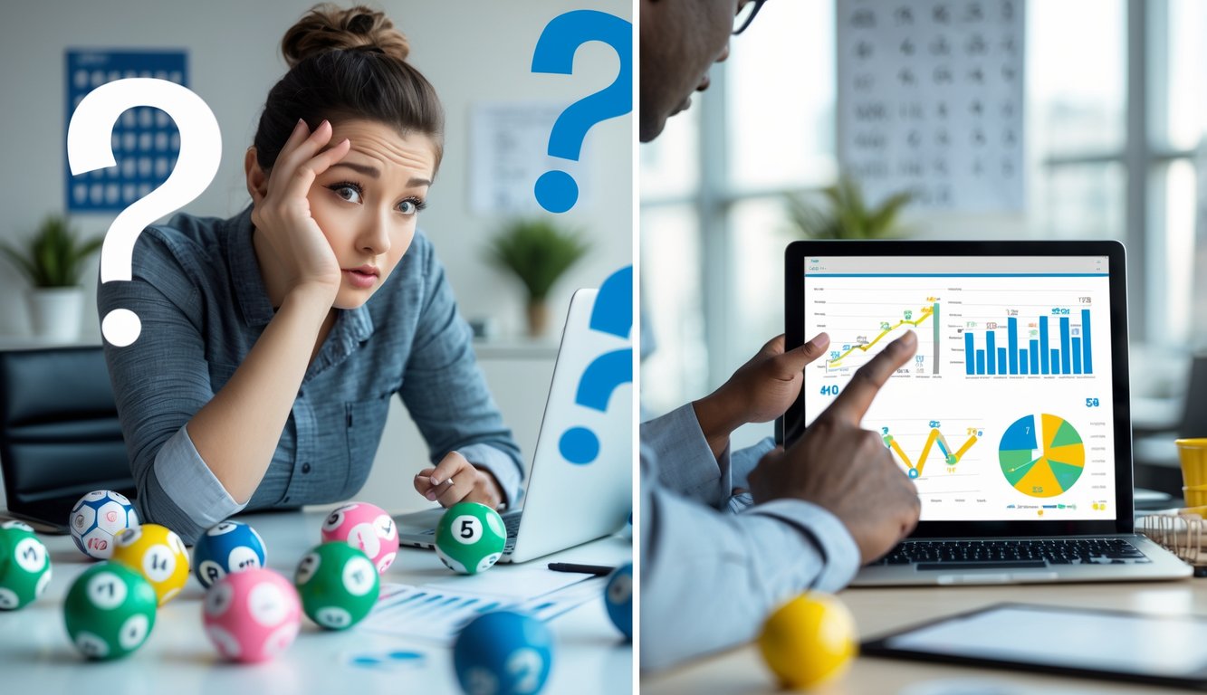 Dua orang di ruangan kantor, satu terlihat bingung dengan bola lotere di sekitarnya, yang lain sedang menganalisis data lotere di tablet.