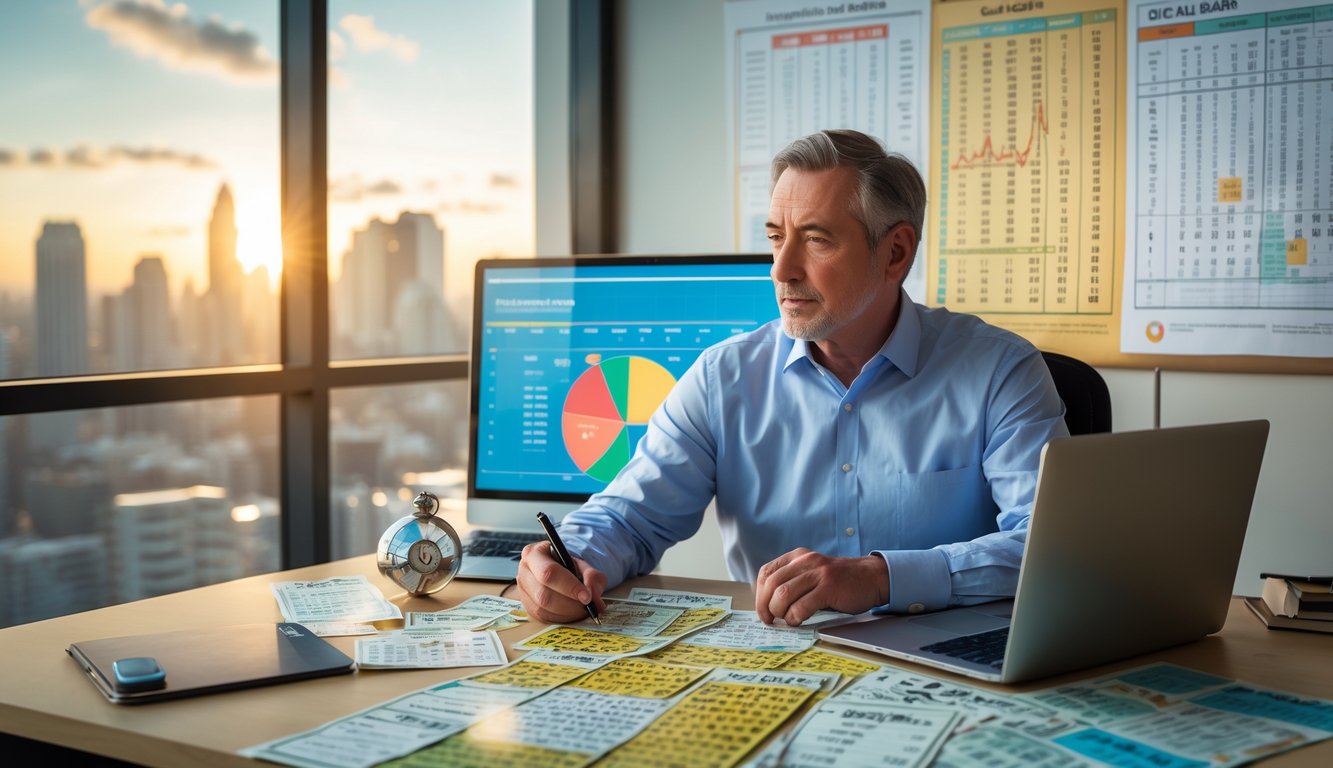 Seorang pria duduk di meja dengan tiket lotere, dokumen, dan grafik, sedang menganalisis informasi tentang angka dalam permainan lotere.