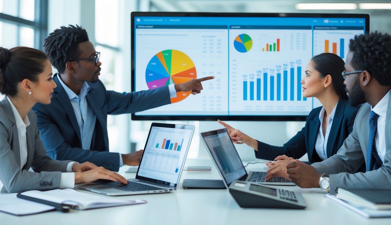 Sekelompok profesional sedang berdiskusi dan menganalisis data statistik di ruang kantor modern dengan layar digital yang menampilkan grafik dan angka.