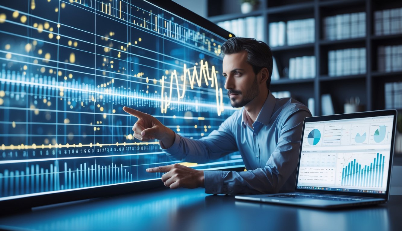 Seorang profesional sedang menganalisis pola angka dan grafik statistik di layar digital dalam ruang kerja modern.
