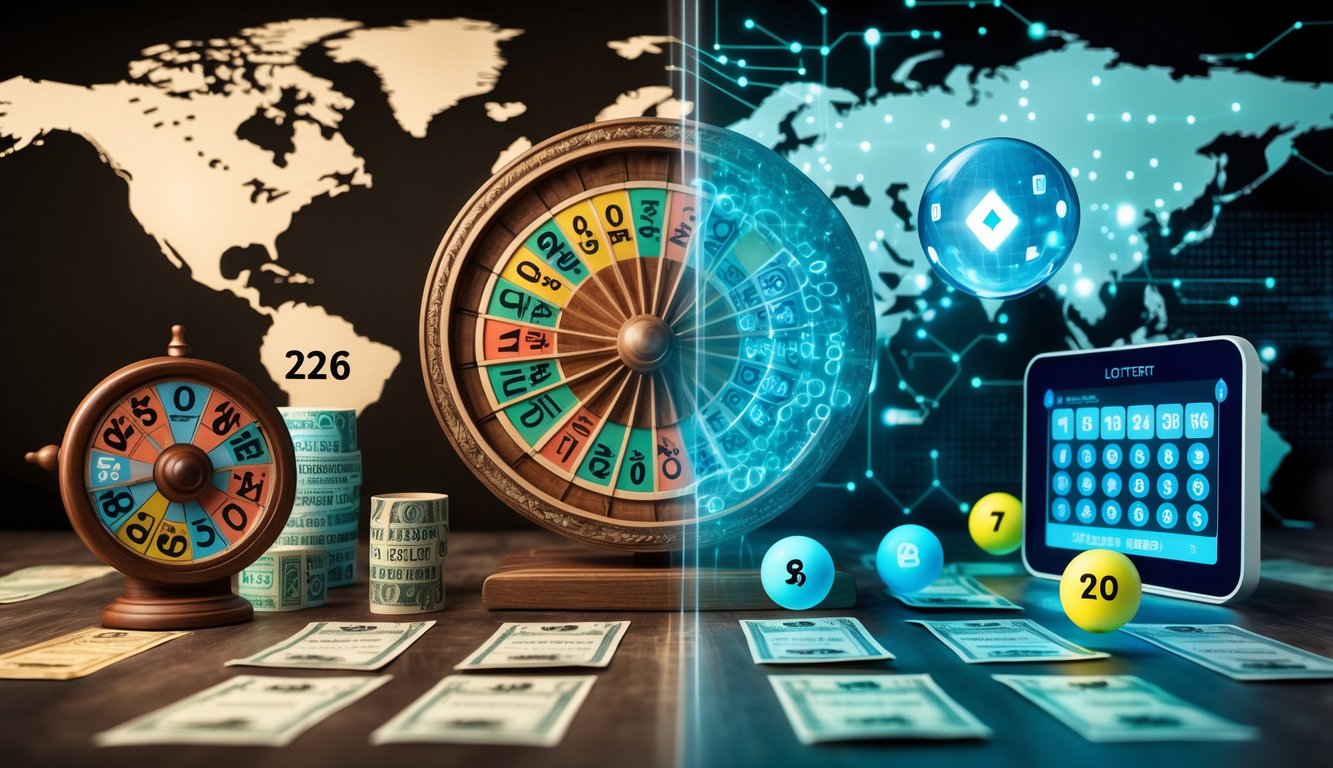 Sebuah gambar yang menunjukkan peralihan dari lotere tradisional dengan roda lotere dan tiket lama ke era digital dengan perangkat layar sentuh dan bola lotere holografik di latar belakang peta dunia.