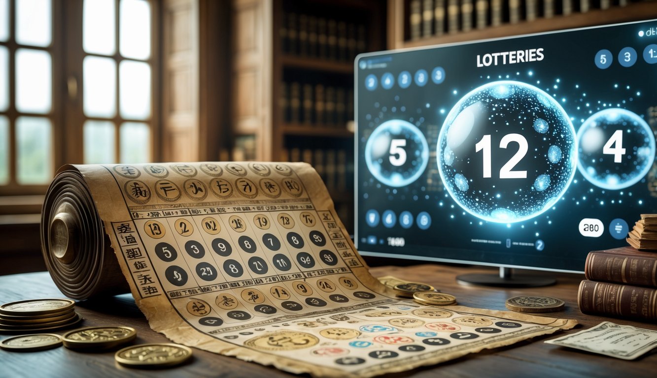 Sebuah meja dengan gulungan perkamen kuno, koin antik, tiket lotere dari berbagai peradaban, dan layar digital modern yang menampilkan angka lotere.