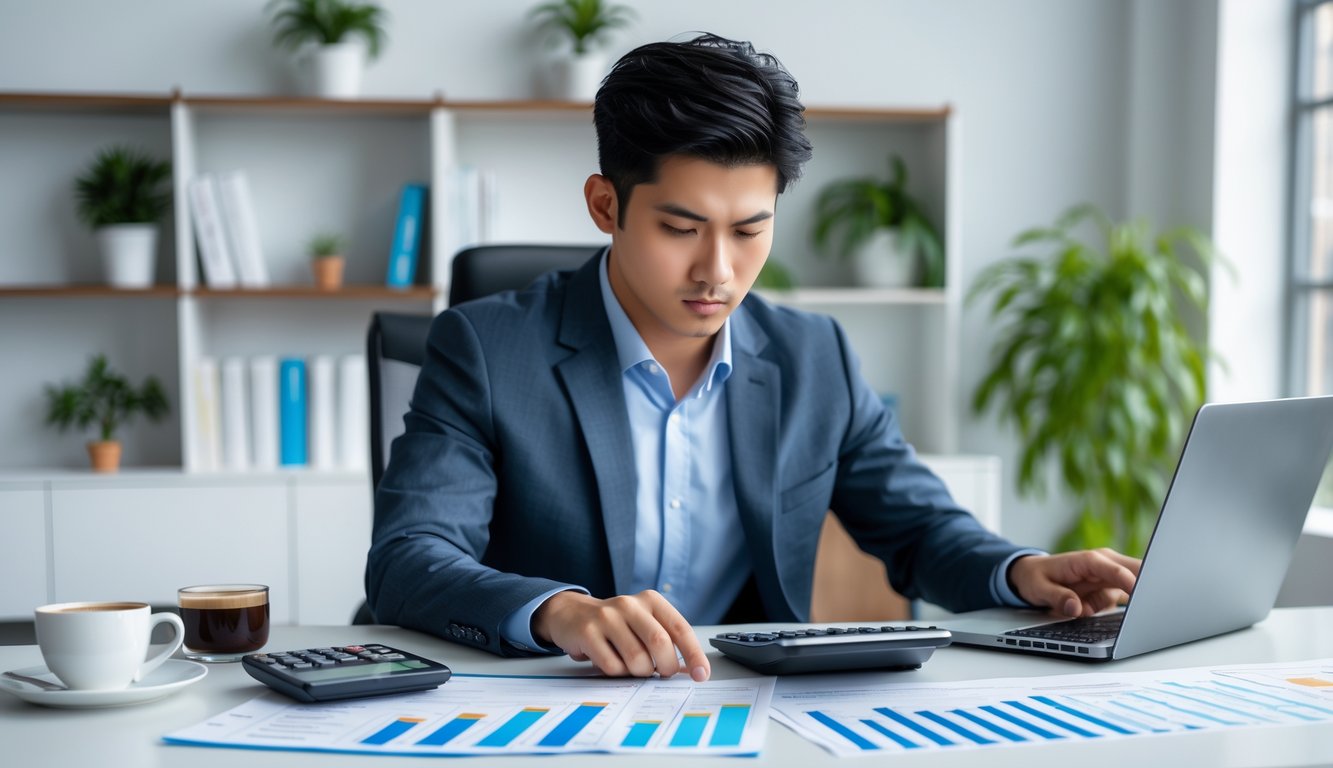 Seorang pria muda sedang duduk di meja kantor modern, memeriksa dokumen keuangan dan menggunakan kalkulator serta laptop.