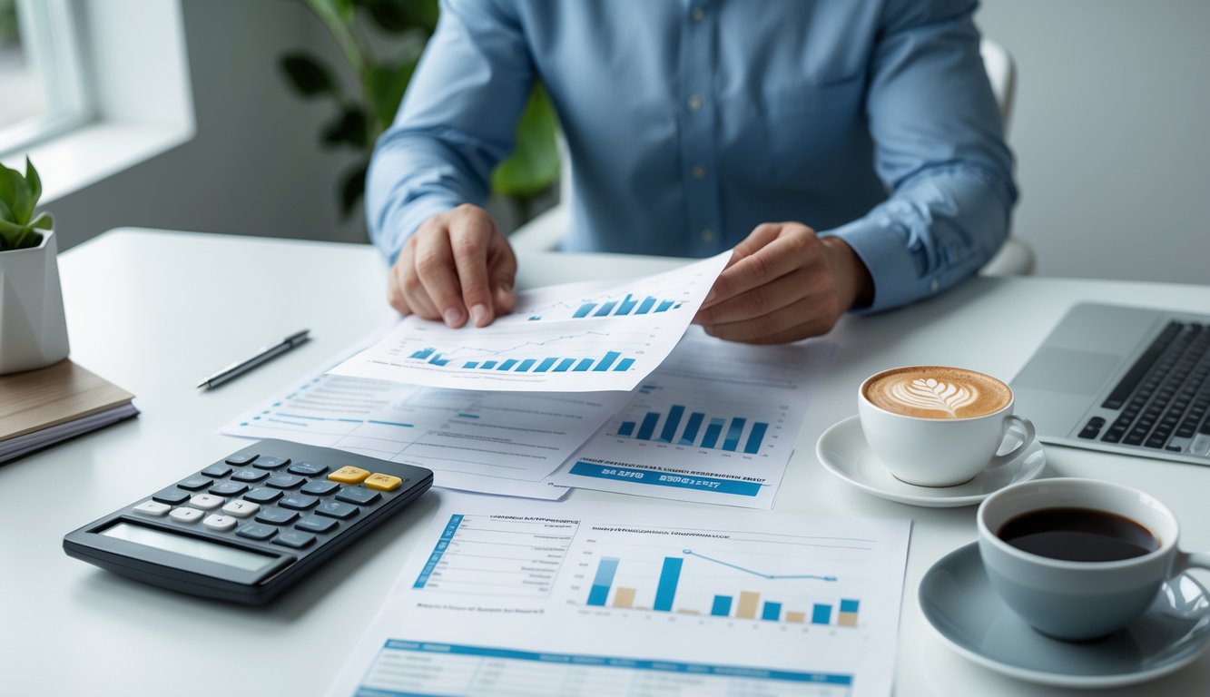 Seseorang sedang memeriksa dokumen keuangan di meja kerja dengan laptop dan kalkulator.
