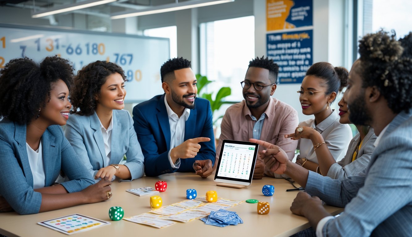 Sekelompok orang sedang berdiskusi serius di sekitar meja dengan objek seperti dadu dan tiket lotre, di dalam ruangan kantor modern.