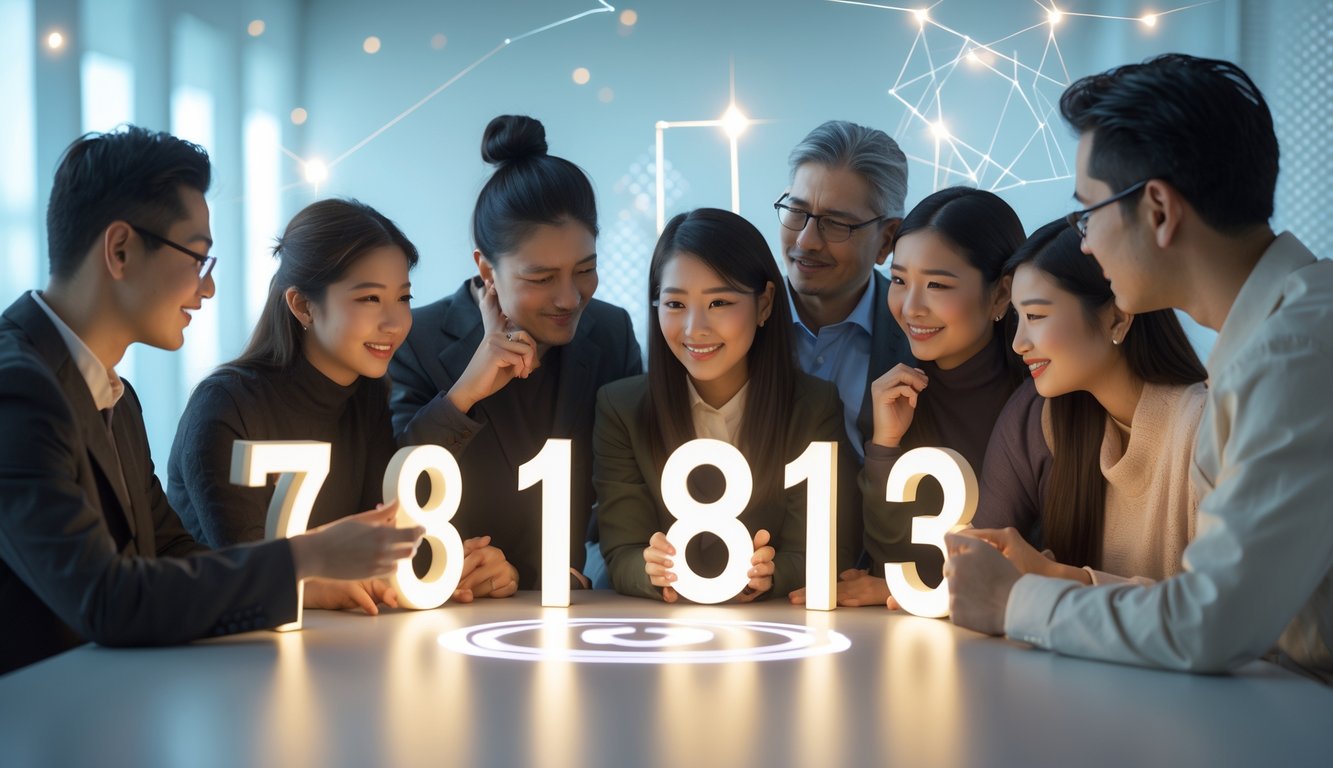 Beberapa orang dari berbagai usia dan latar belakang sedang memperhatikan angka-angka yang melayang di sekitar mereka dengan ekspresi penuh rasa ingin tahu dan harapan.