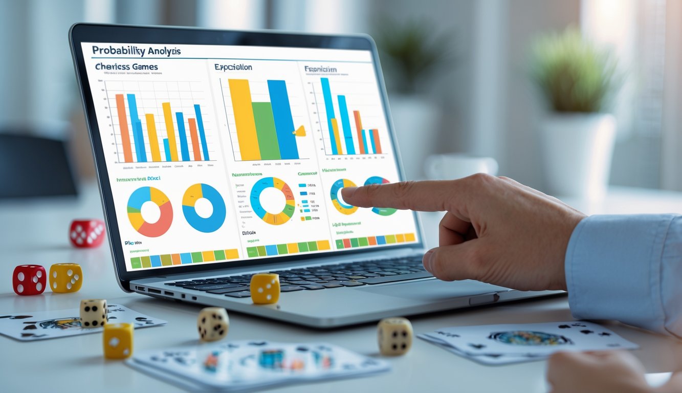 Seseorang menunjuk layar laptop yang menampilkan grafik dan angka dengan kartu, dadu, dan token angka di meja kerja.