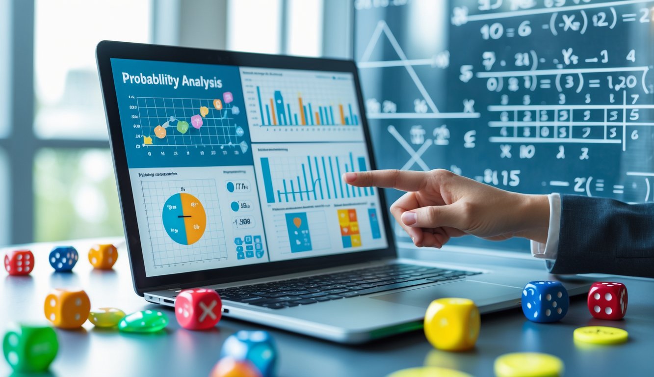 Meja kerja dengan laptop yang menampilkan grafik probabilitas, dadu bernomor, bola lotere, dan tangan yang menunjuk layar laptop.