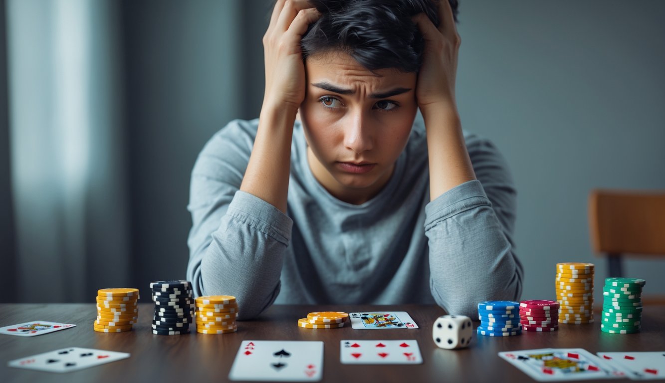 Seorang dewasa muda duduk di meja dengan kartu remi, dadu, dan chip poker, terlihat berpikir dan sedikit cemas.