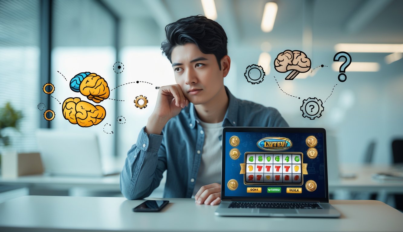 Seorang dewasa muda duduk di depan laptop dengan tampilan permainan keberuntungan digital, terlihat berpikir dalam ruangan kantor yang tenang.
