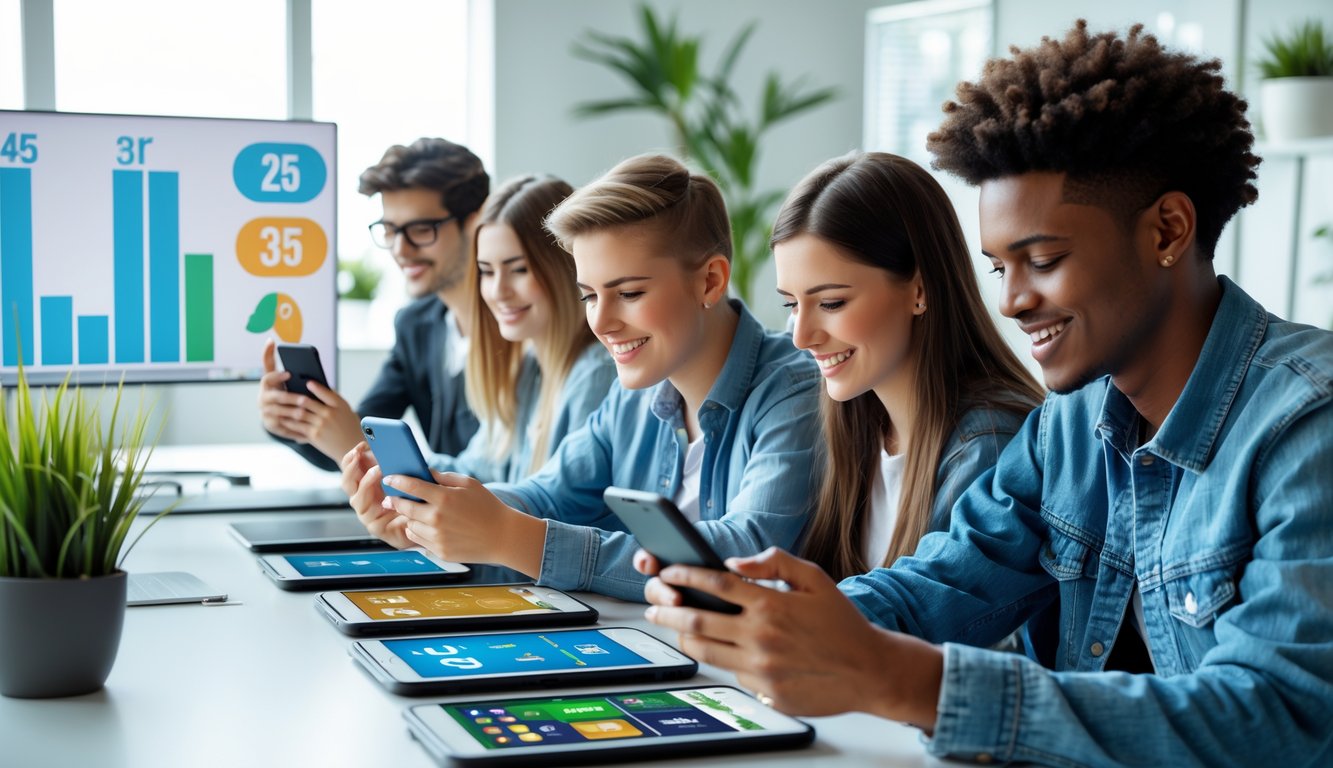 Beberapa orang muda sedang bermain game berbasis angka di perangkat digital di ruang kerja yang terang dan rapi.