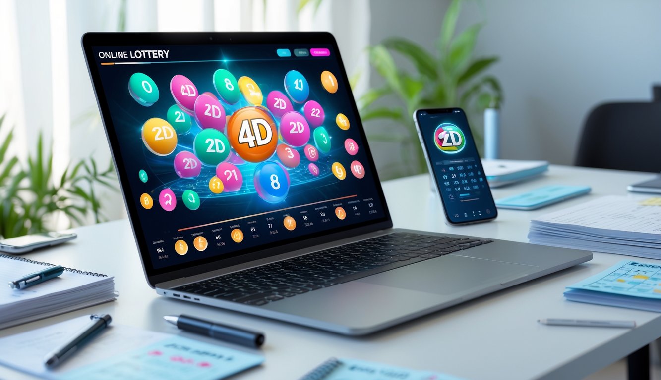 Meja kerja dengan laptop yang menampilkan antarmuka permainan togel online, dikelilingi catatan dan ponsel, suasana tenang dan fokus.