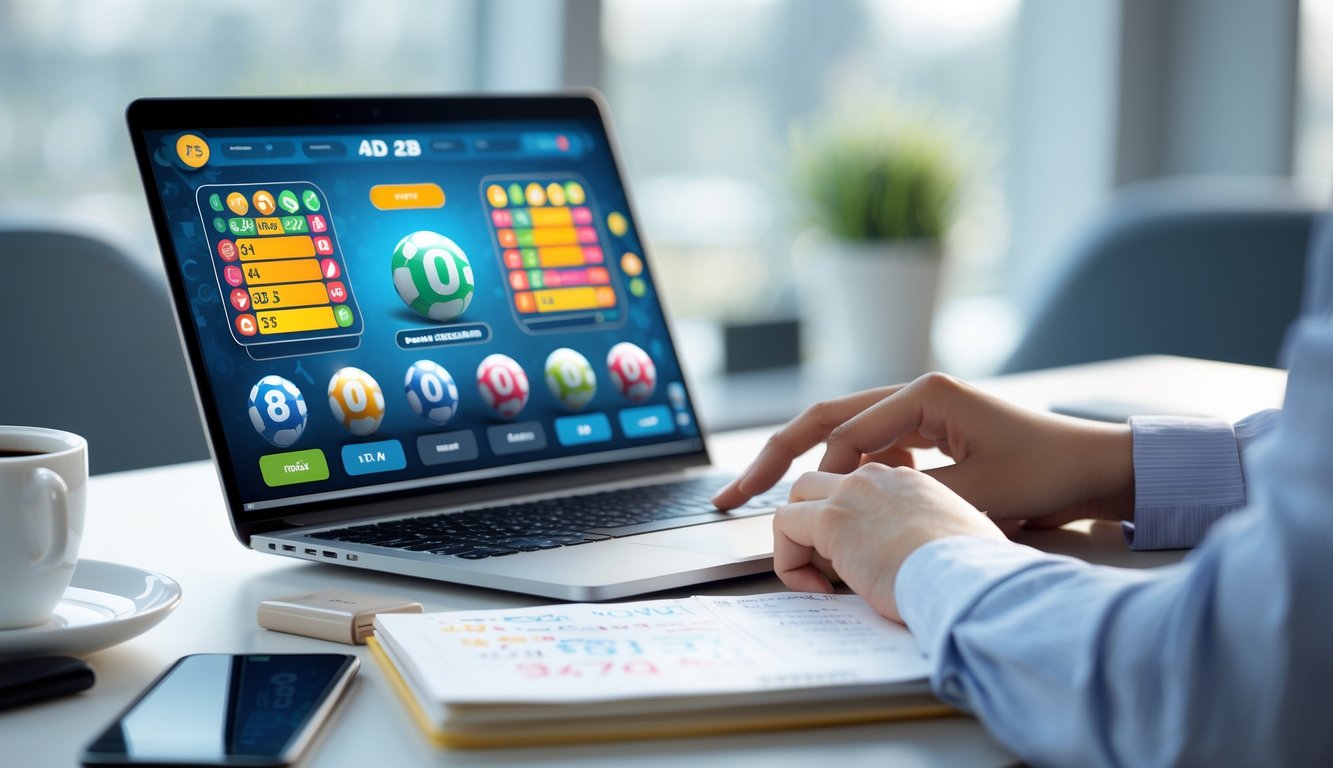Meja kerja dengan laptop yang menampilkan antarmuka permainan togel online, tangan seseorang sedang menggunakan laptop, dan buku catatan di sampingnya.