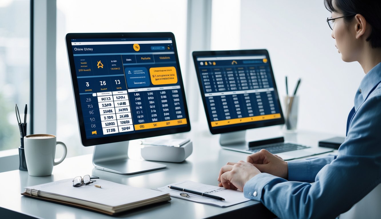 Seseorang duduk di meja kerja dengan laptop dan tablet yang menampilkan data angka, terlihat fokus menganalisis strategi bermain togel online.
