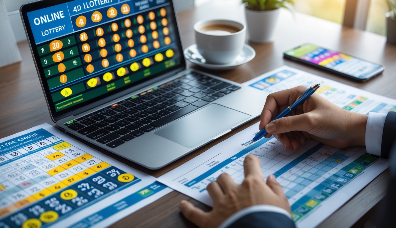 Seorang pria sedang menganalisis data togel online di depan laptop dengan kertas berisi grafik dan angka di meja kerja.