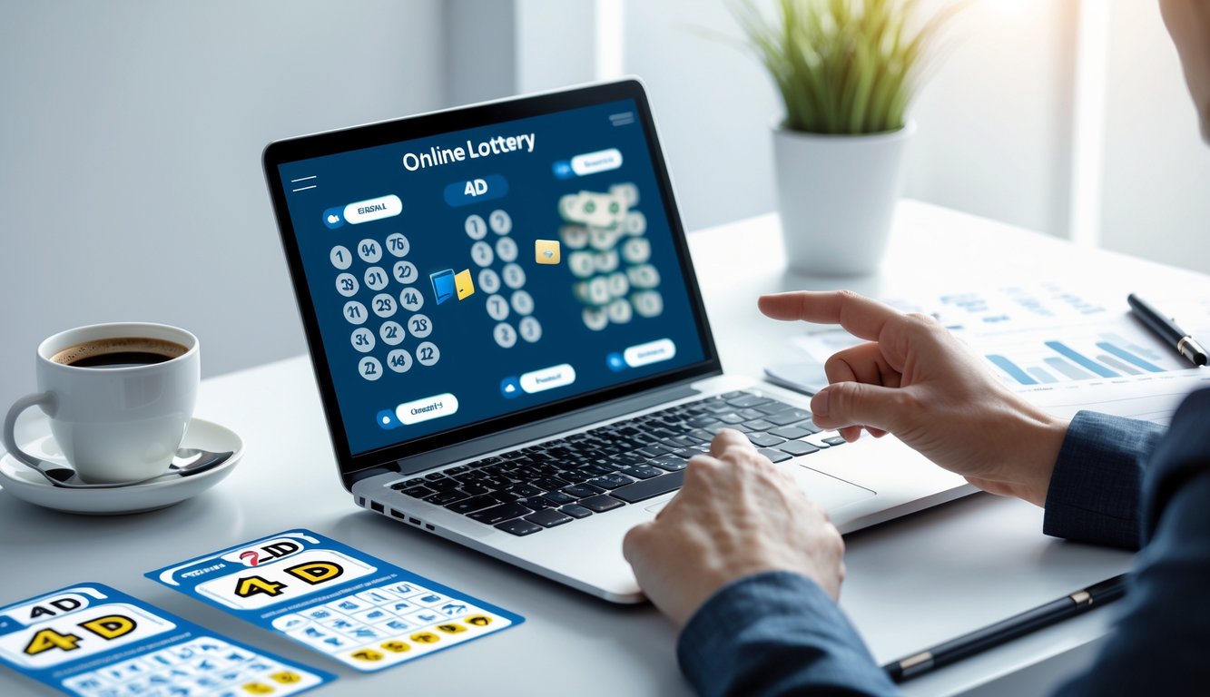 Seorang pria di meja kerja modern menggunakan laptop dengan tampilan angka lotre dan grafik, di sampingnya terdapat tiket lotre 4D dan 2D yang berbeda, menunjukkan perbandingan pilihan lotre online.