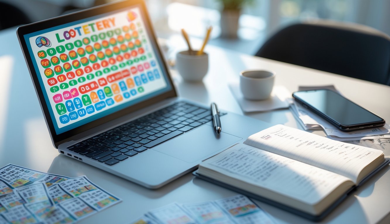 Meja kerja dengan laptop, tiket togel, dan catatan yang menunjukkan analisis permainan togel 4D dan 2D.
