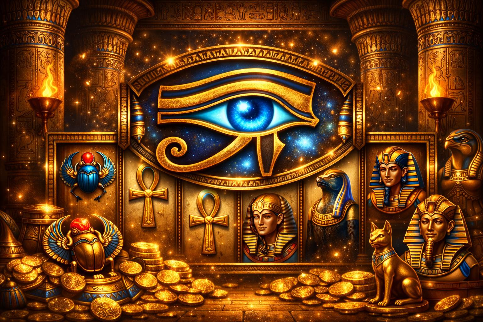 Illustration Of A Glowing Eye Of Horus Symbol Surrounded By Egyptian Symbols And Slot Machine Reels Inside An Ancient Temple.