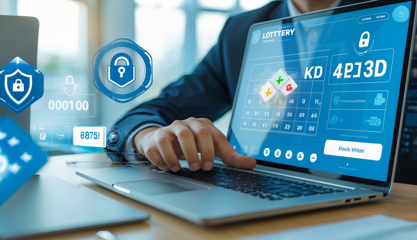 Seseorang sedang menggunakan laptop di kantor yang terang dan rapi, terlihat fokus memilih opsi pada layar yang menunjukkan elemen angka dan grafik terkait permainan togel online.