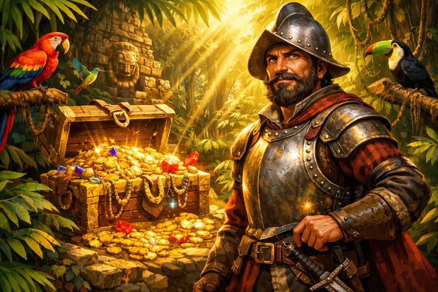 An Explorer In Conquistador Armor Stands In A Dense Jungle Near Ancient Ruins And A Glowing Treasure Chest Filled With Gold Coins.