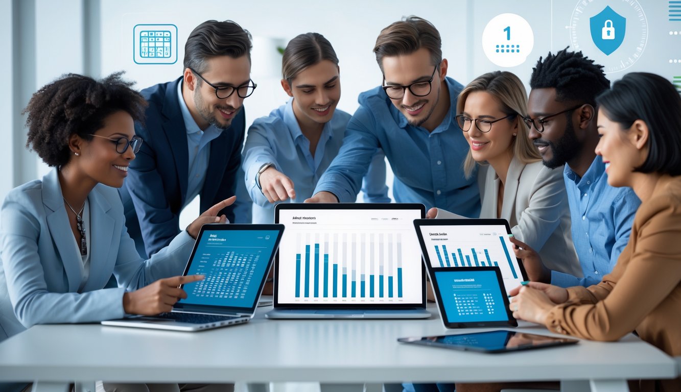 Sekelompok orang sedang berdiskusi dan menganalisis data di meja kerja dengan perangkat digital dalam suasana kantor yang terang dan aman.