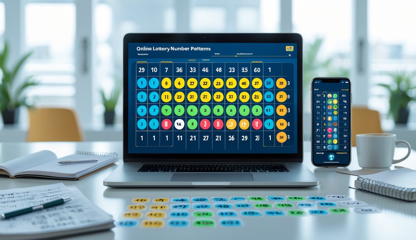 Seorang profesional sedang bekerja dengan laptop yang menampilkan angka dan grafik terkait pola angka togel online, di meja terdapat buku catatan, pena, ponsel, dan secangkir kopi dalam ruangan kantor yang terang.