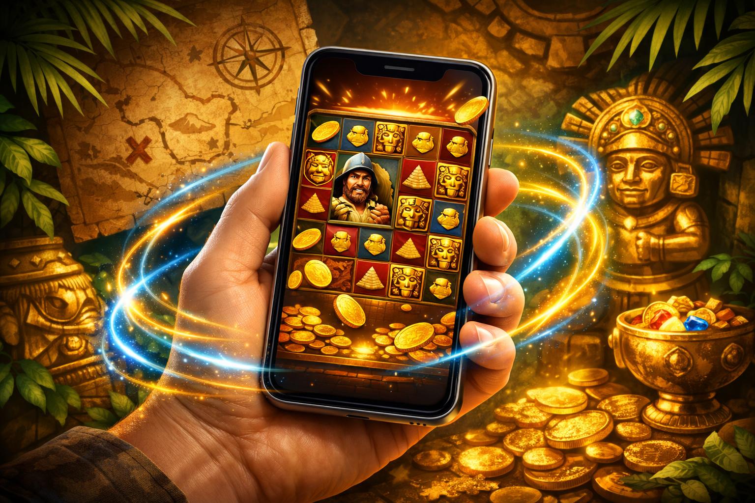 A Hand Holding A Smartphone Showing A Colorful Slot Game Screen With Gold Coins And Treasure Icons, Surrounded By Jungle Leaves And A Treasure Map Background.