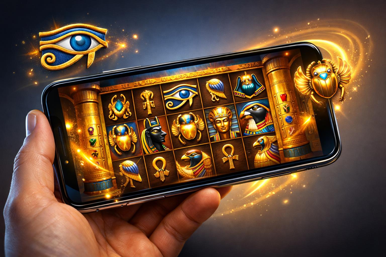A Hand Holding A Smartphone Showing An EgyptianThemed Slot Game Screen With The Eye Of Horus Symbol And Decorative Elements.