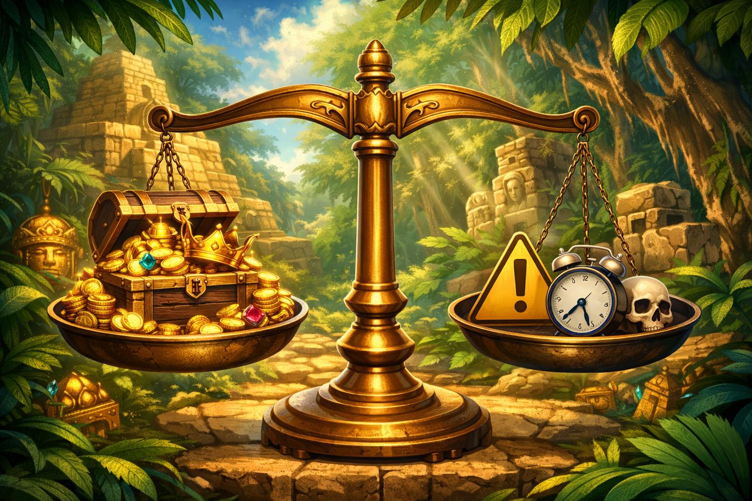 A Balanced Scale With Gold Coins And Treasure On One Side And Caution Symbols On The Other, Set Against A Jungle Background With Ancient Ruins And Gold Artifacts.