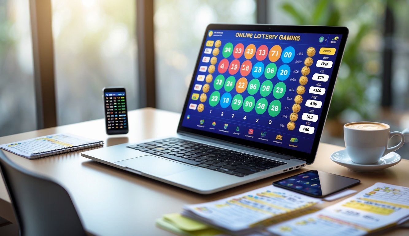 Meja kerja dengan laptop yang menampilkan antarmuka togel 4D, smartphone, catatan, dan cangkir kopi dalam suasana yang tenang dan fokus.