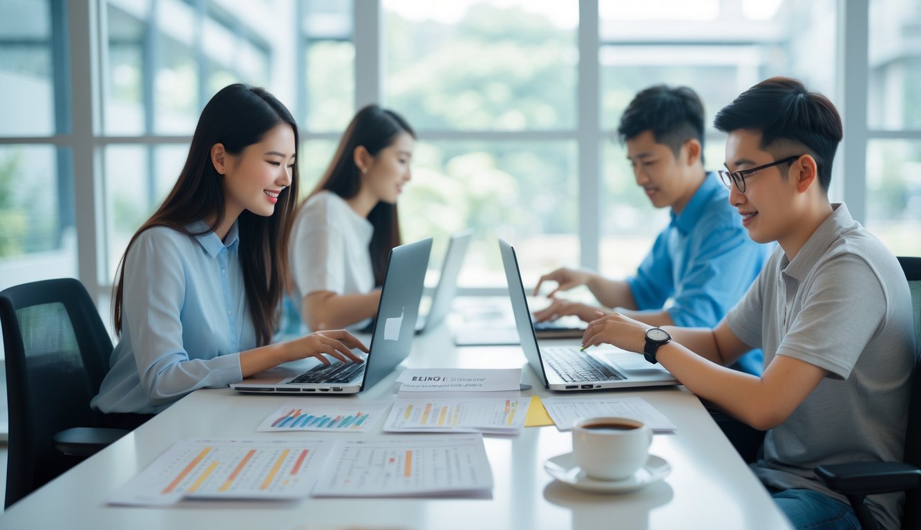 Beberapa orang sedang menggunakan laptop dan ponsel di ruang kantor terang untuk bermain permainan Togel online.