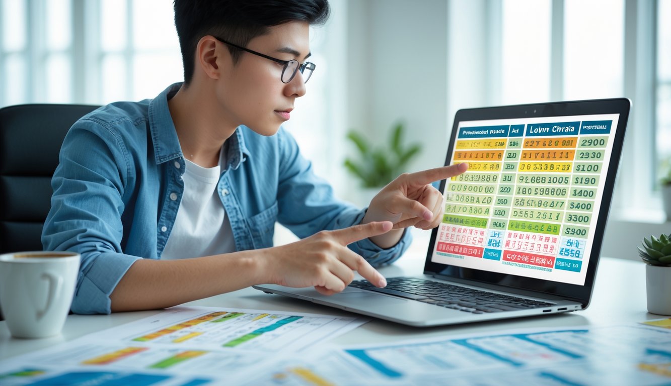 Seorang dewasa muda sedang fokus menganalisis grafik dan angka prediksi togel di depan laptop di sebuah meja kerja yang rapi.