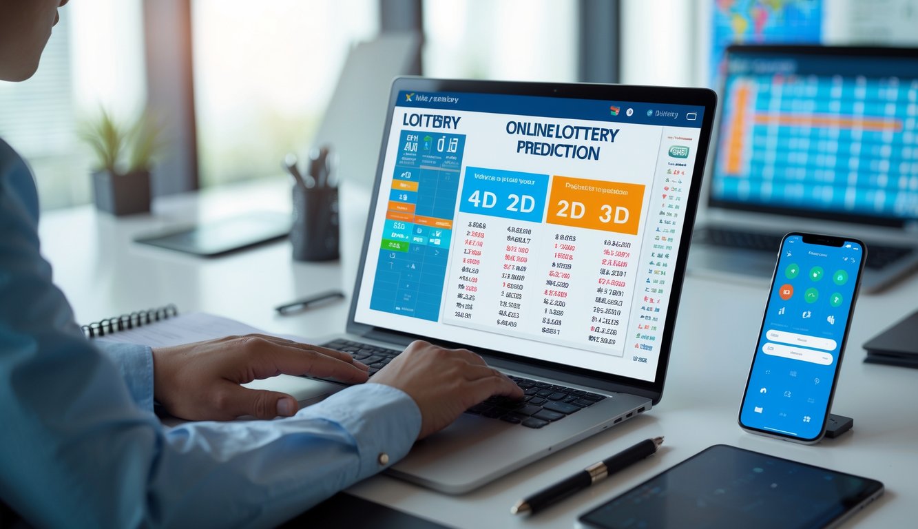Seseorang sedang bekerja dengan laptop dan perangkat lain di meja, menganalisis data prediksi togel online di sebuah ruang kantor yang terang.