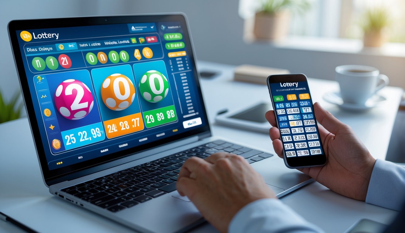 Meja kerja modern dengan laptop dan tangan yang memegang ponsel menampilkan angka togel online, suasana fokus dan strategis.