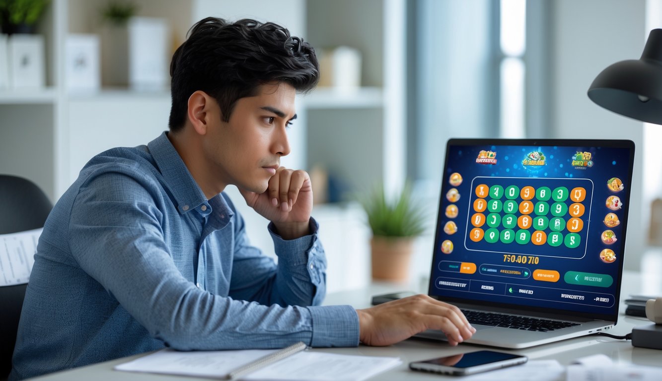 Seorang pria muda duduk di meja dengan laptop, fokus melihat layar yang menampilkan permainan togel online, di ruangan kantor rumah yang terang dan rapi.